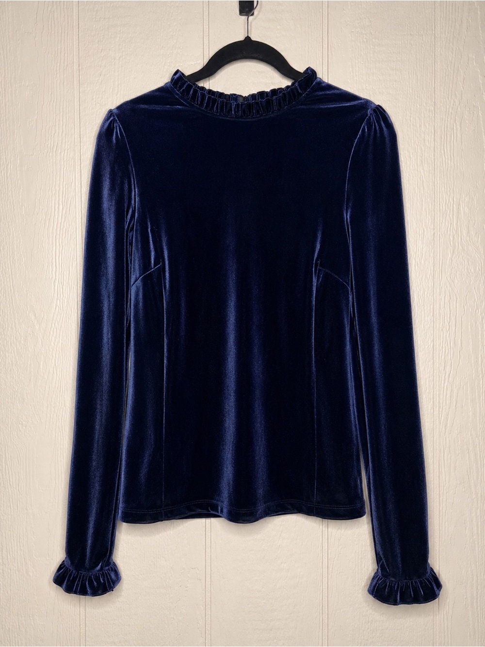 Boden Velvet Ruffle Neck Long Sleeve Top Navy Blue Size US 8